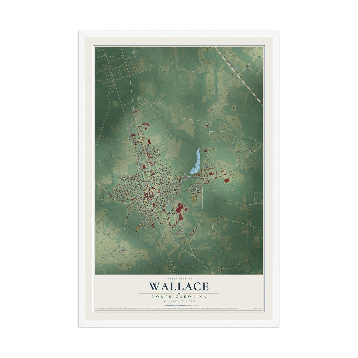 Map of Wallace, North Carolina, 12 x 18 inch print in a white wood frame