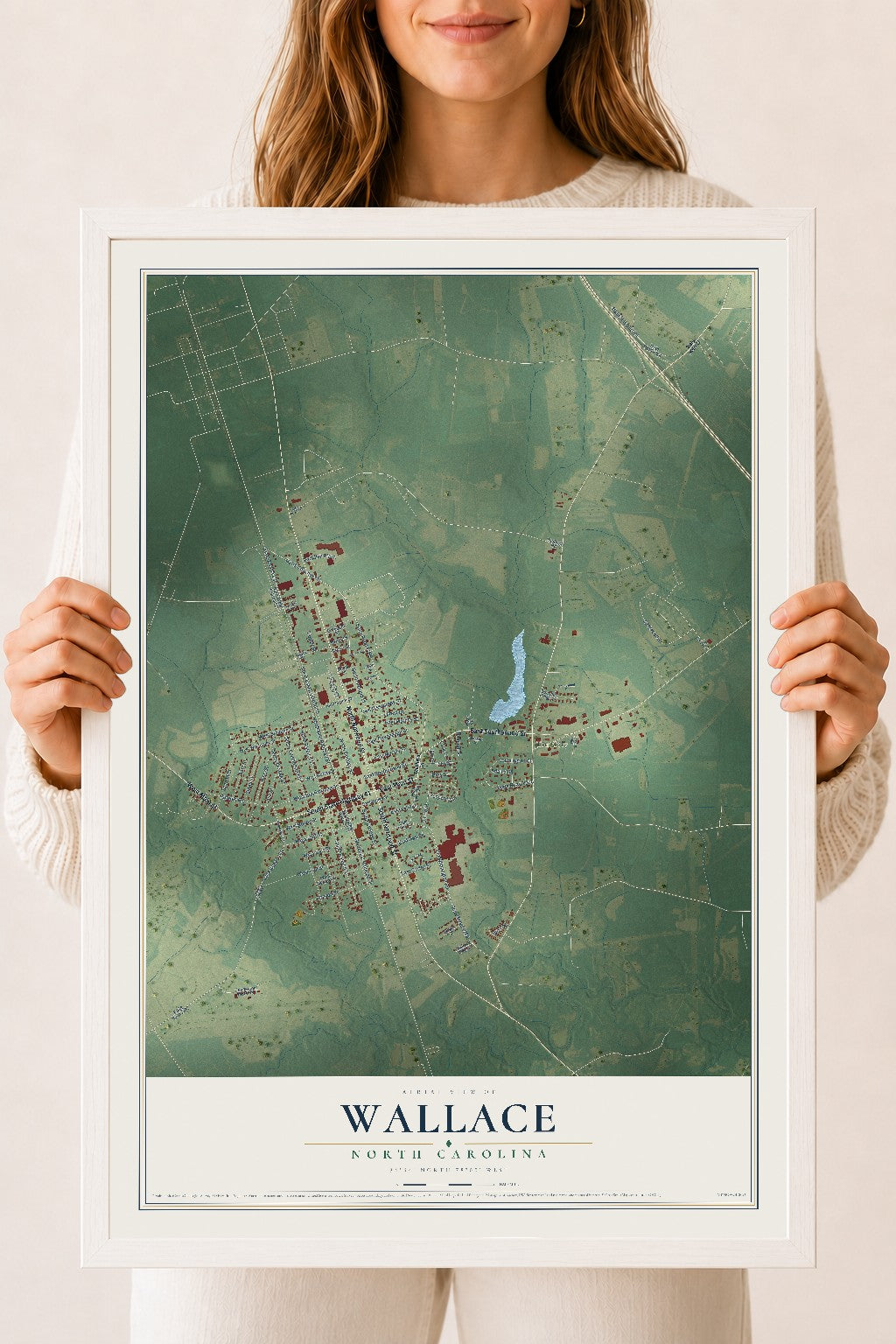 Map of Wallace, North Carolina, 18 x 24 inch print in a white wood frame