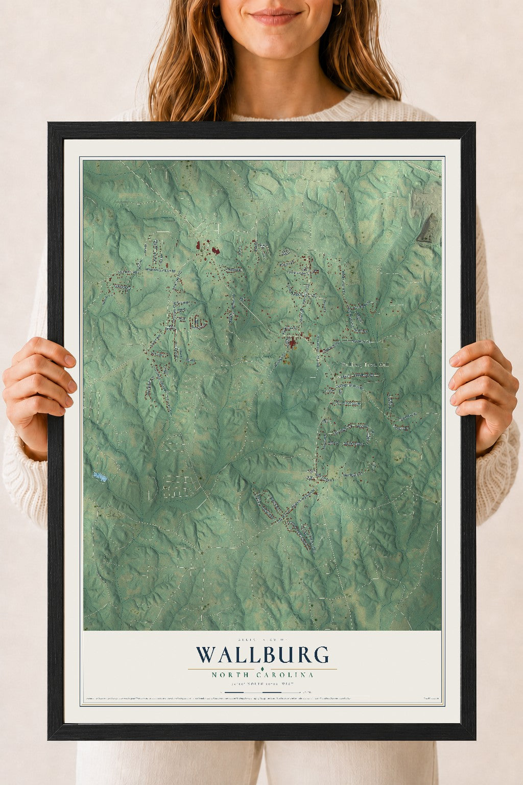 Map of Wallburg, North Carolina, 18 x 24 inch print in a black wood frame