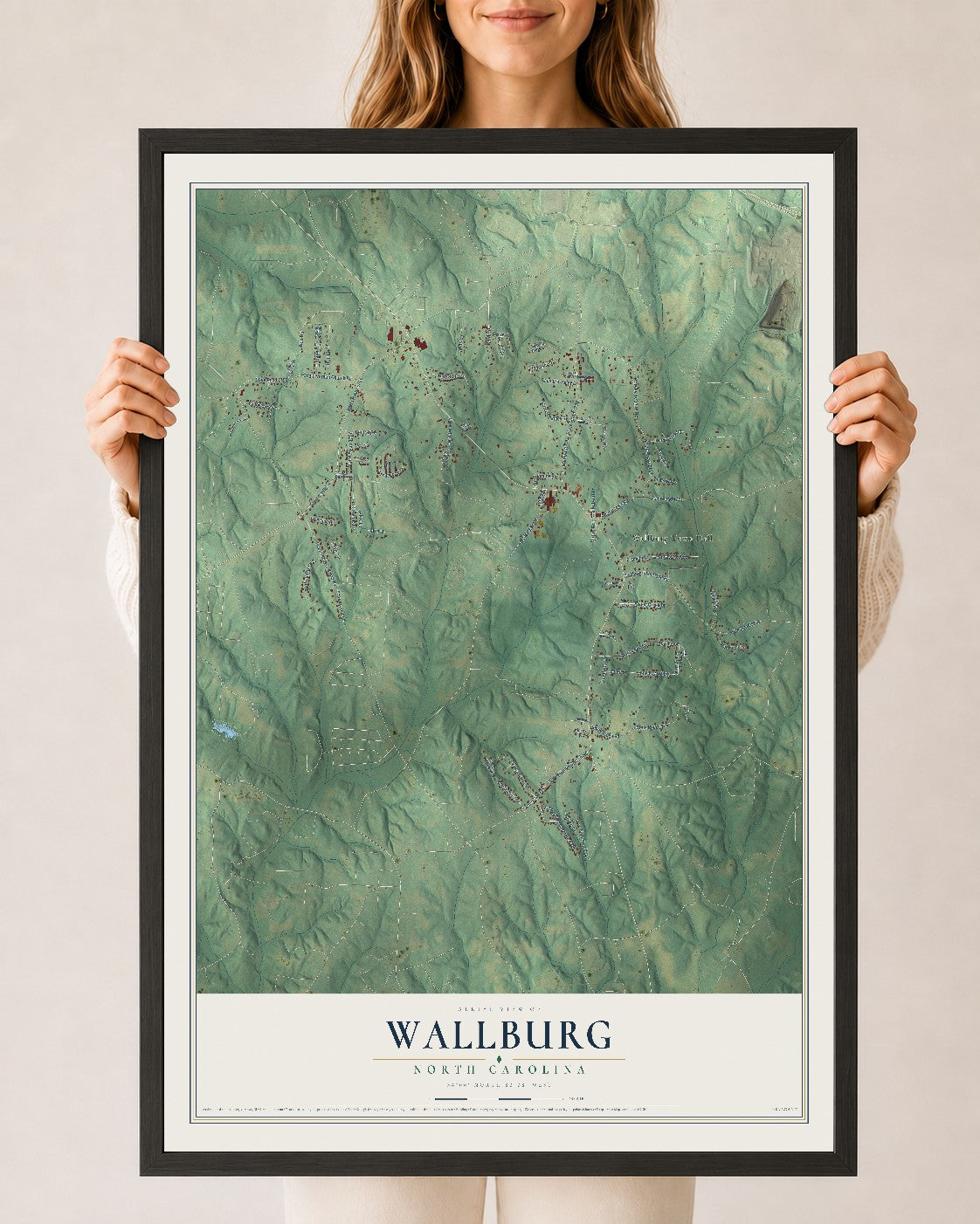 Map of Wallburg, North Carolina, 24 x 36 inch print in a black wood frame