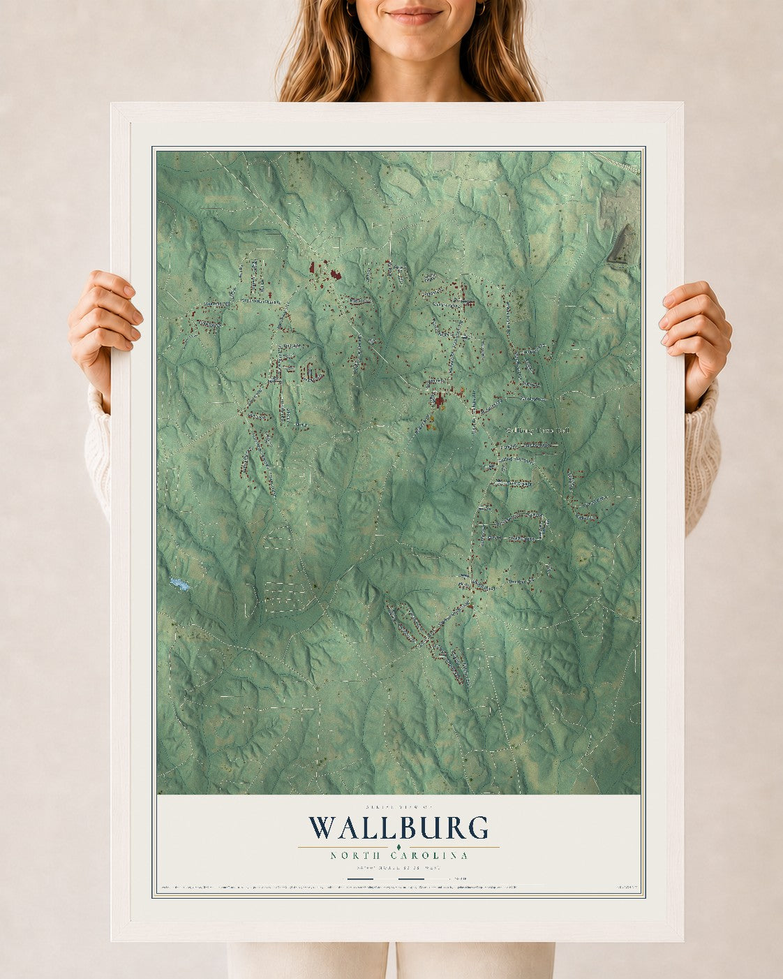 Map of Wallburg, North Carolina, 24 x 36 inch print in a white wood frame