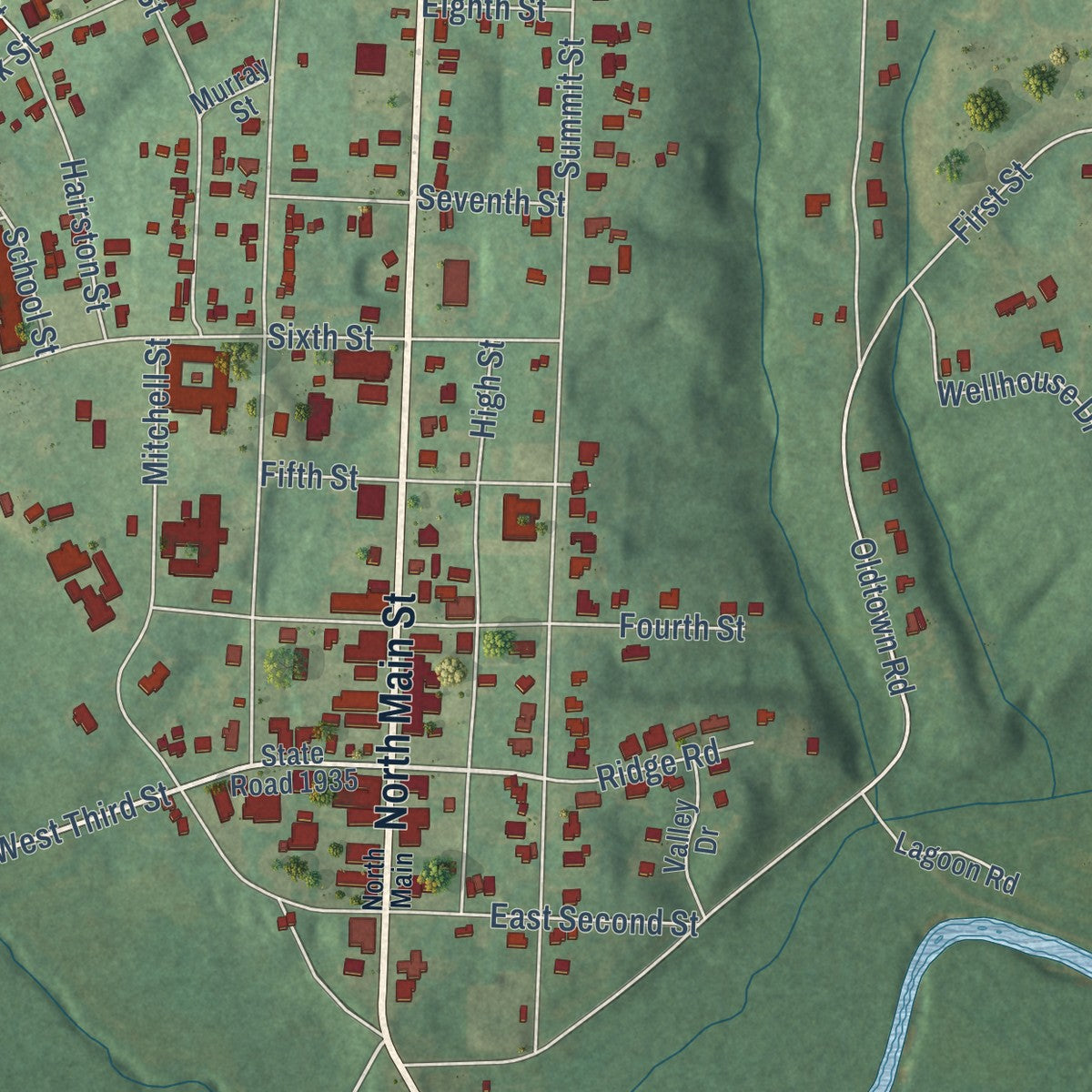 Close-up of the map of Walnut Cove, North Carolina print showing street and building detail