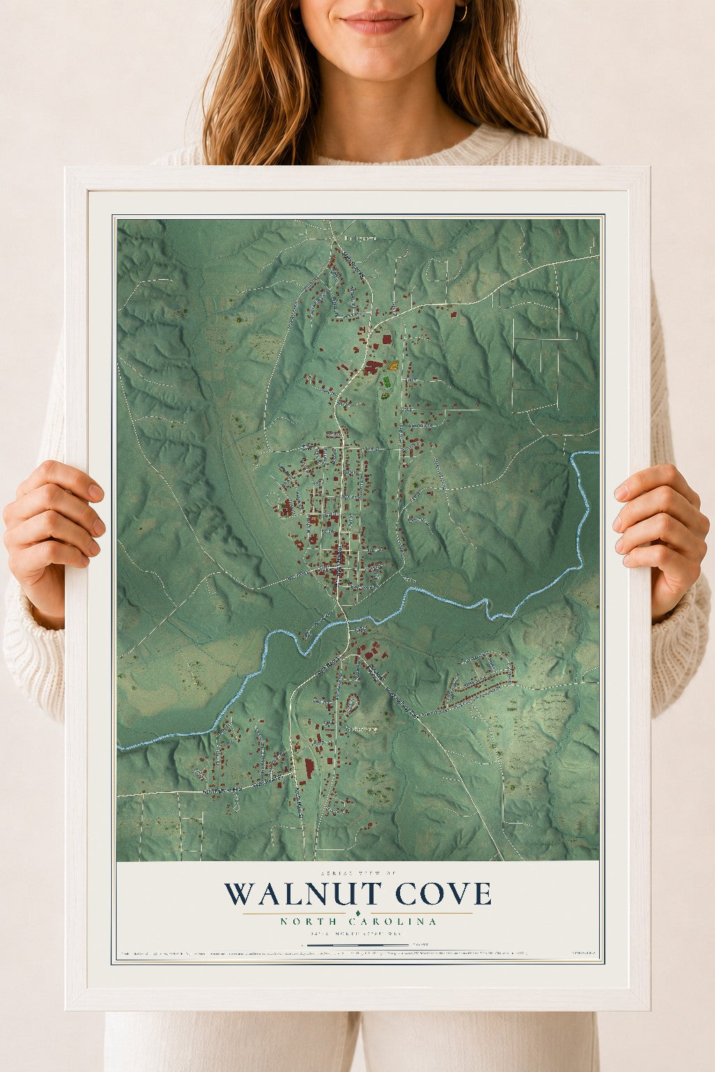 Map of Walnut Cove, North Carolina, 18 x 24 inch print in a white wood frame