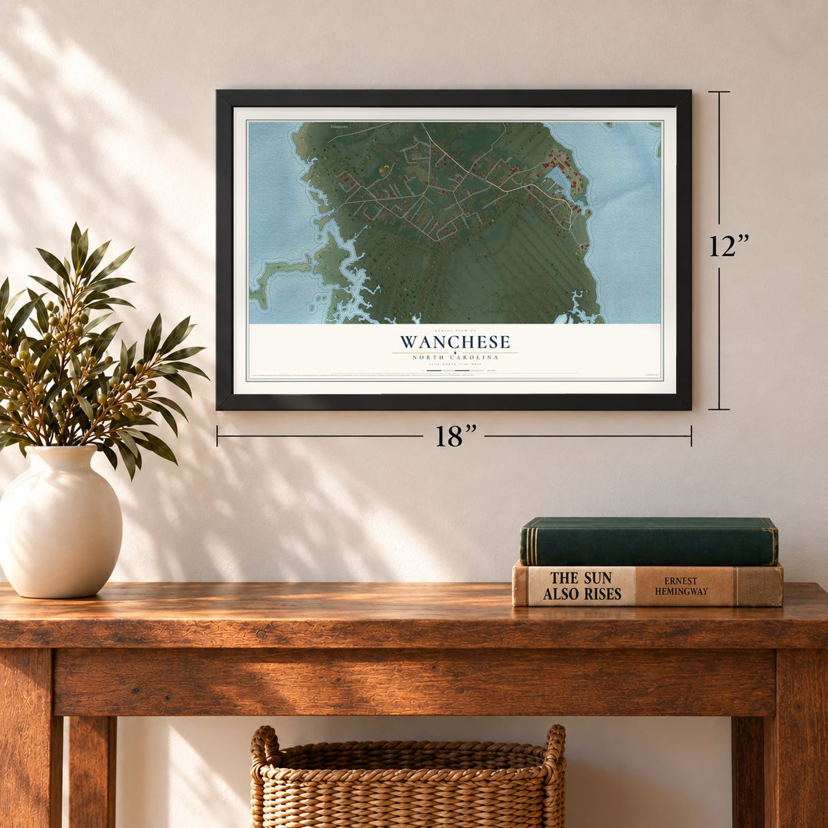 Wanchese, North Carolina map, 12 x 18 inch print in a black frame in an entryway