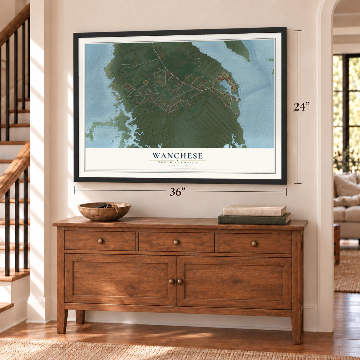 Wanchese, North Carolina map, 24 x 36 inch print in a black frame above a dresser by a staircase