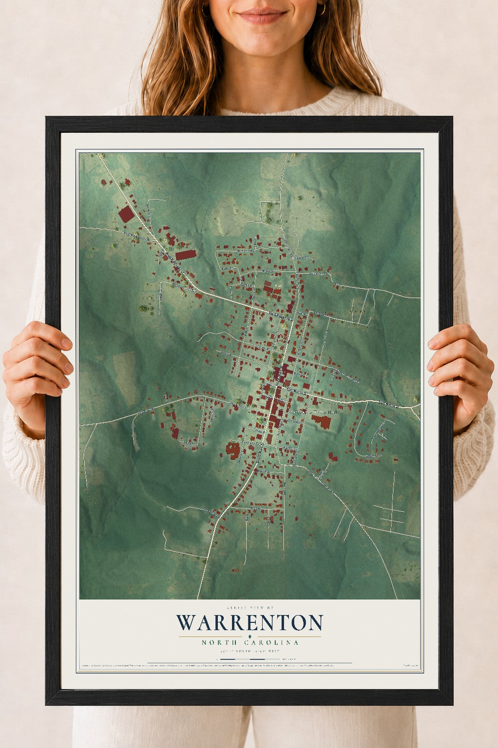 Map of Warrenton, North Carolina, 18 x 24 inch print in a black wood frame