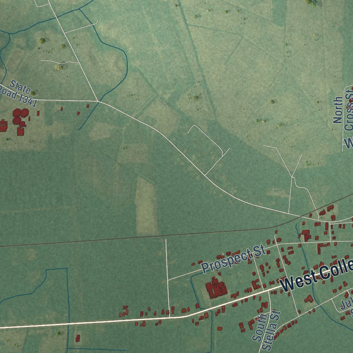 Second close-up of the map of Warsaw, North Carolina print showing more streets and buildings
