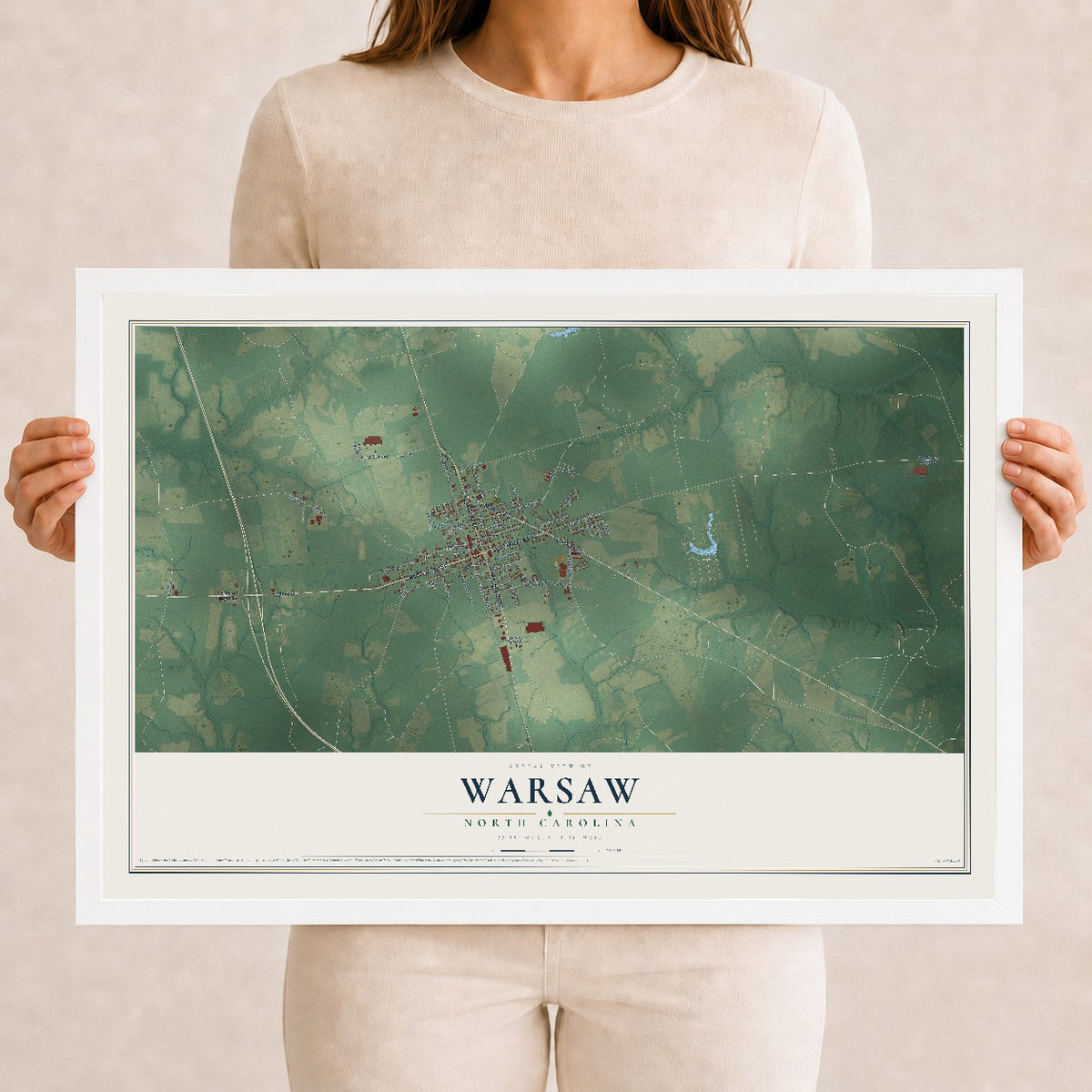 Map of Warsaw, North Carolina, 12 x 18 inch print in a white wood frame