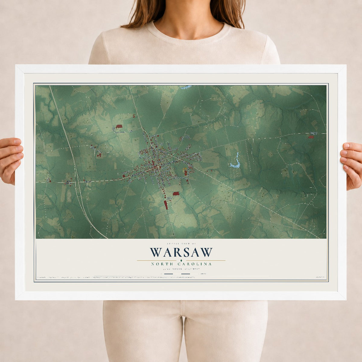 Map of Warsaw, North Carolina, 18 x 24 inch print in a white wood frame