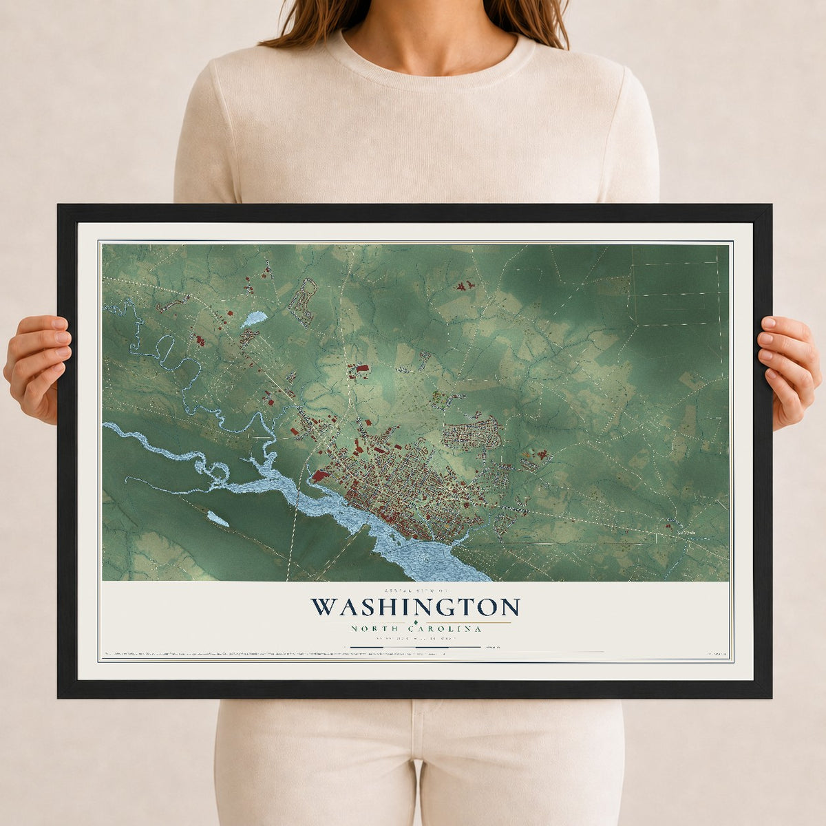 Map of Washington, North Carolina, 12 x 18 inch print in a black wood frame