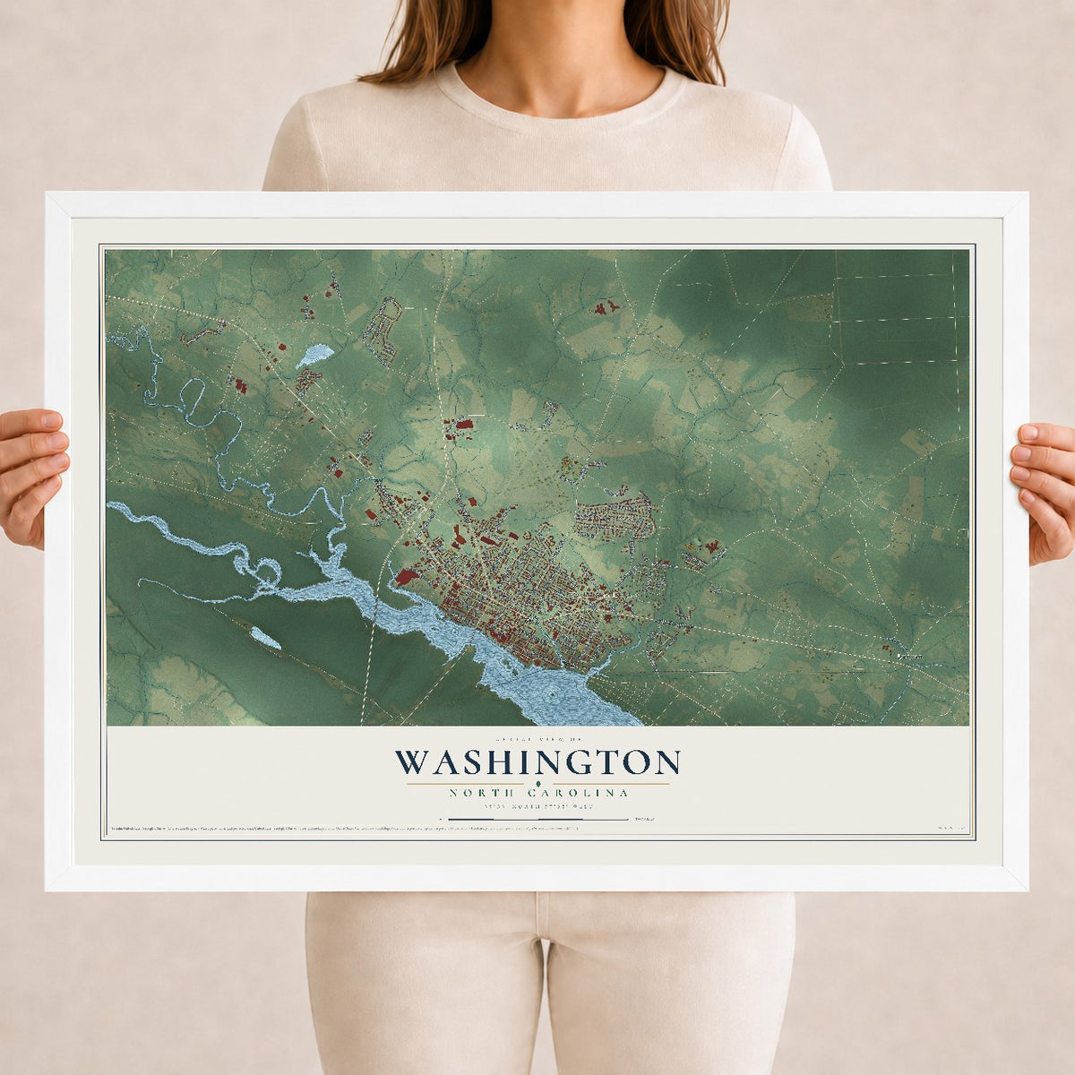 Map of Washington, North Carolina, 18 x 24 inch print in a white wood frame