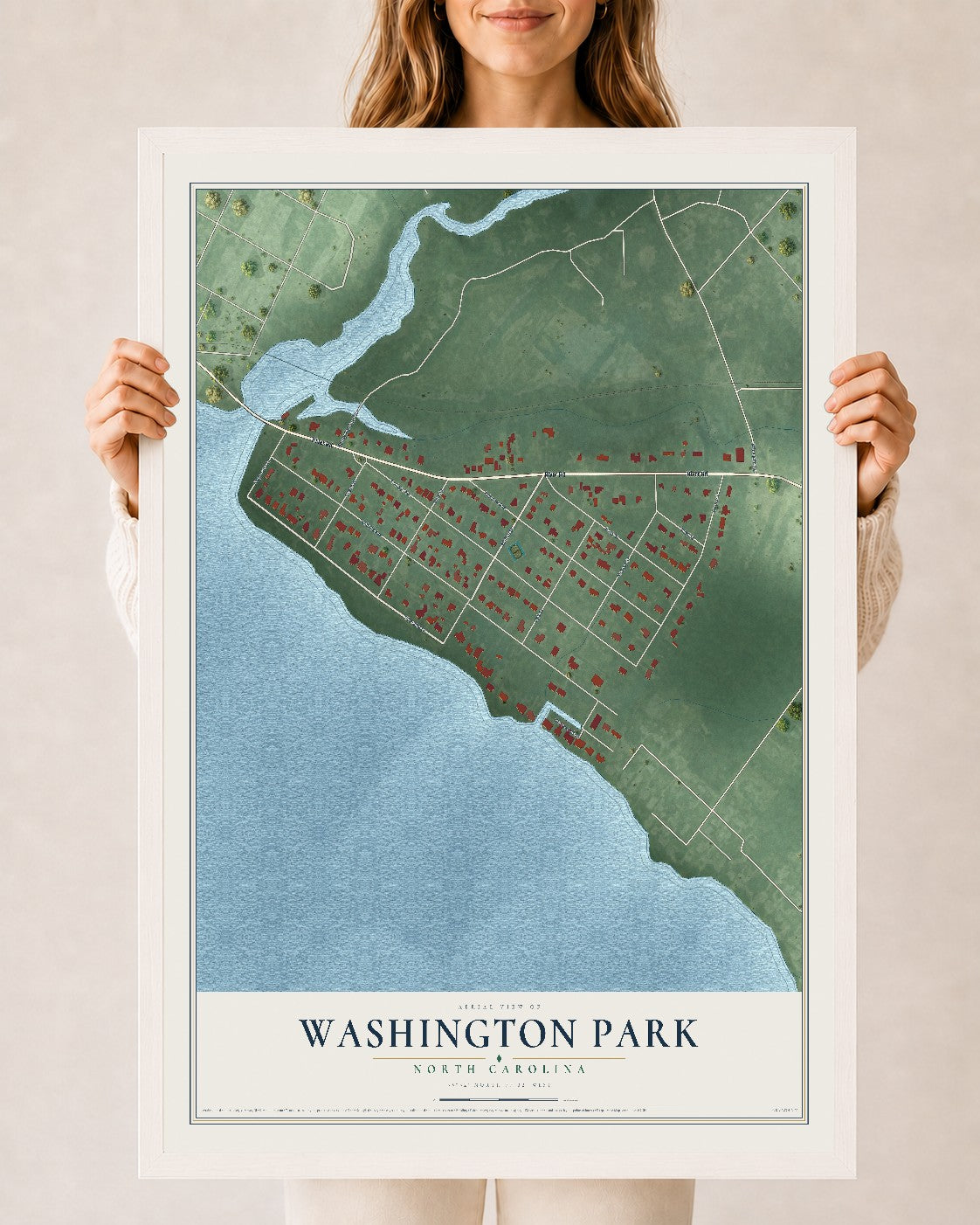 Map of Washington Park, North Carolina, 24 x 36 inch print in a white wood frame