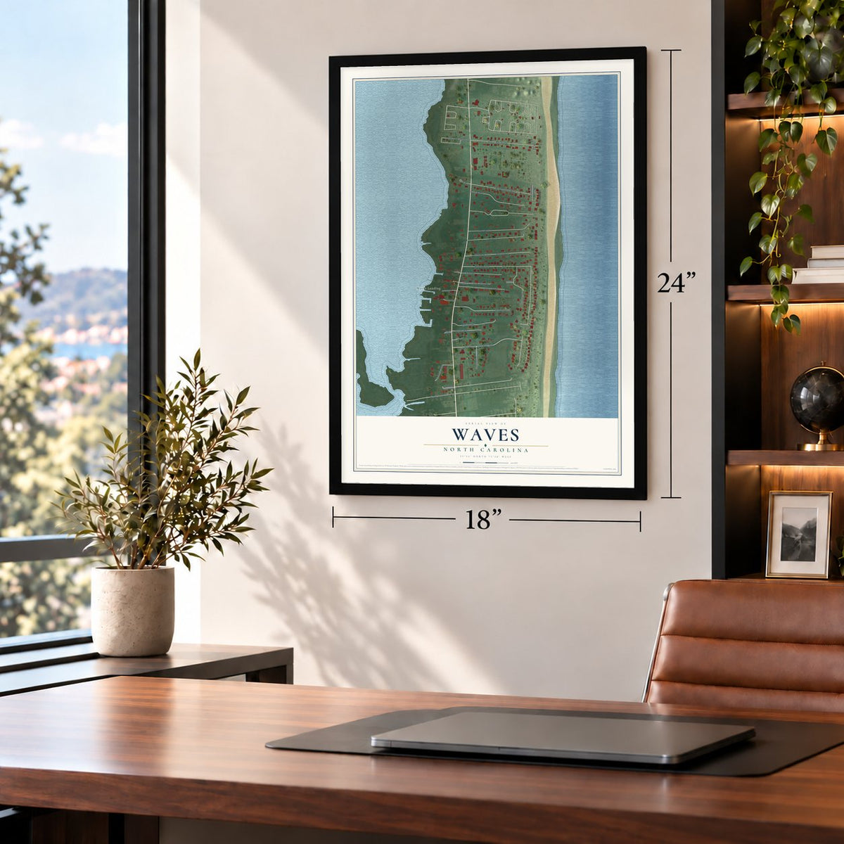 Waves, North Carolina map, 18 x 24 inch print in a black frame in a home office
