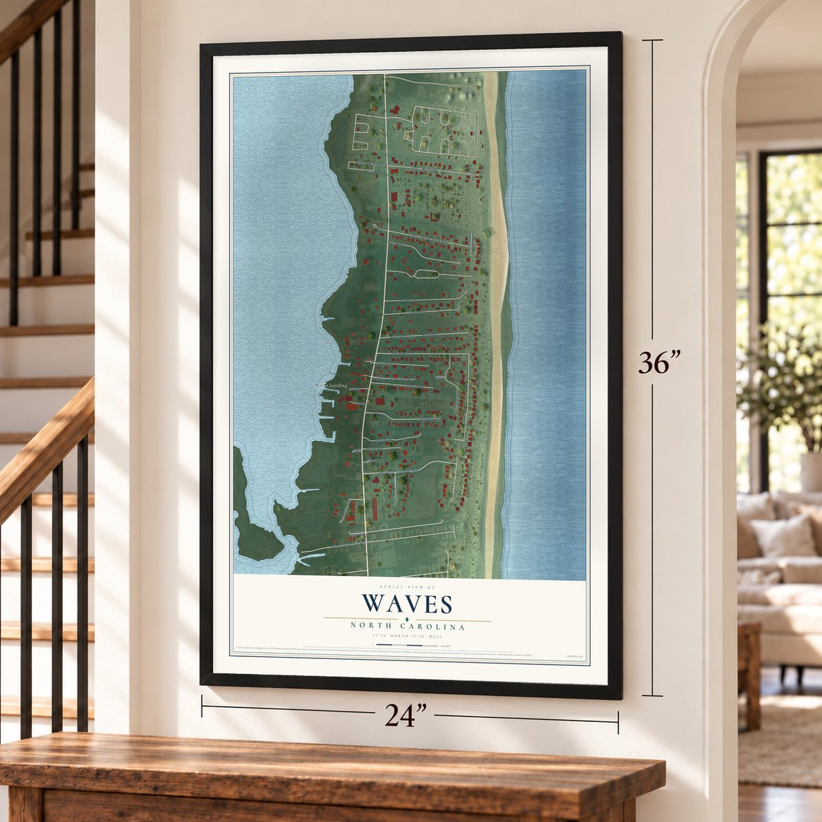 Waves, North Carolina map, 24 x 36 inch print in a black frame by a staircase