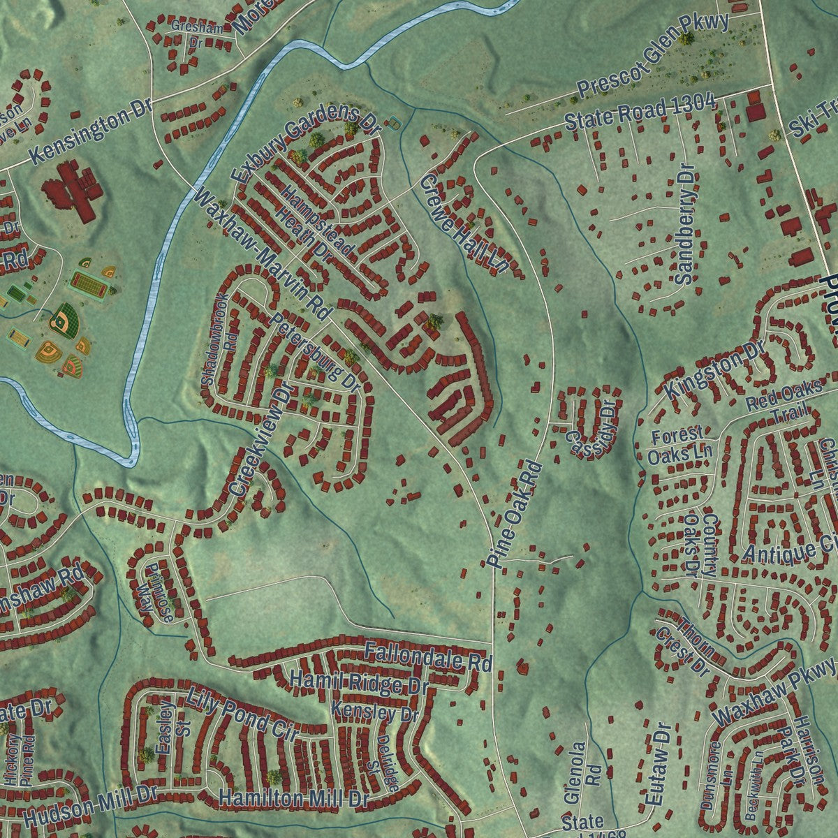 Close-up of the map of Waxhaw, North Carolina print showing street and building detail