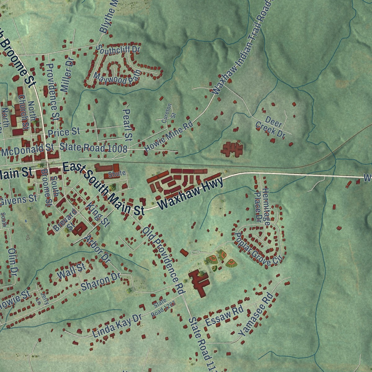 Second close-up of the map of Waxhaw, North Carolina print showing more streets and buildings