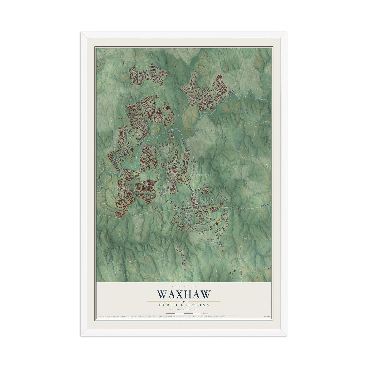 Map of Waxhaw, North Carolina, 12 x 18 inch print in a white wood frame