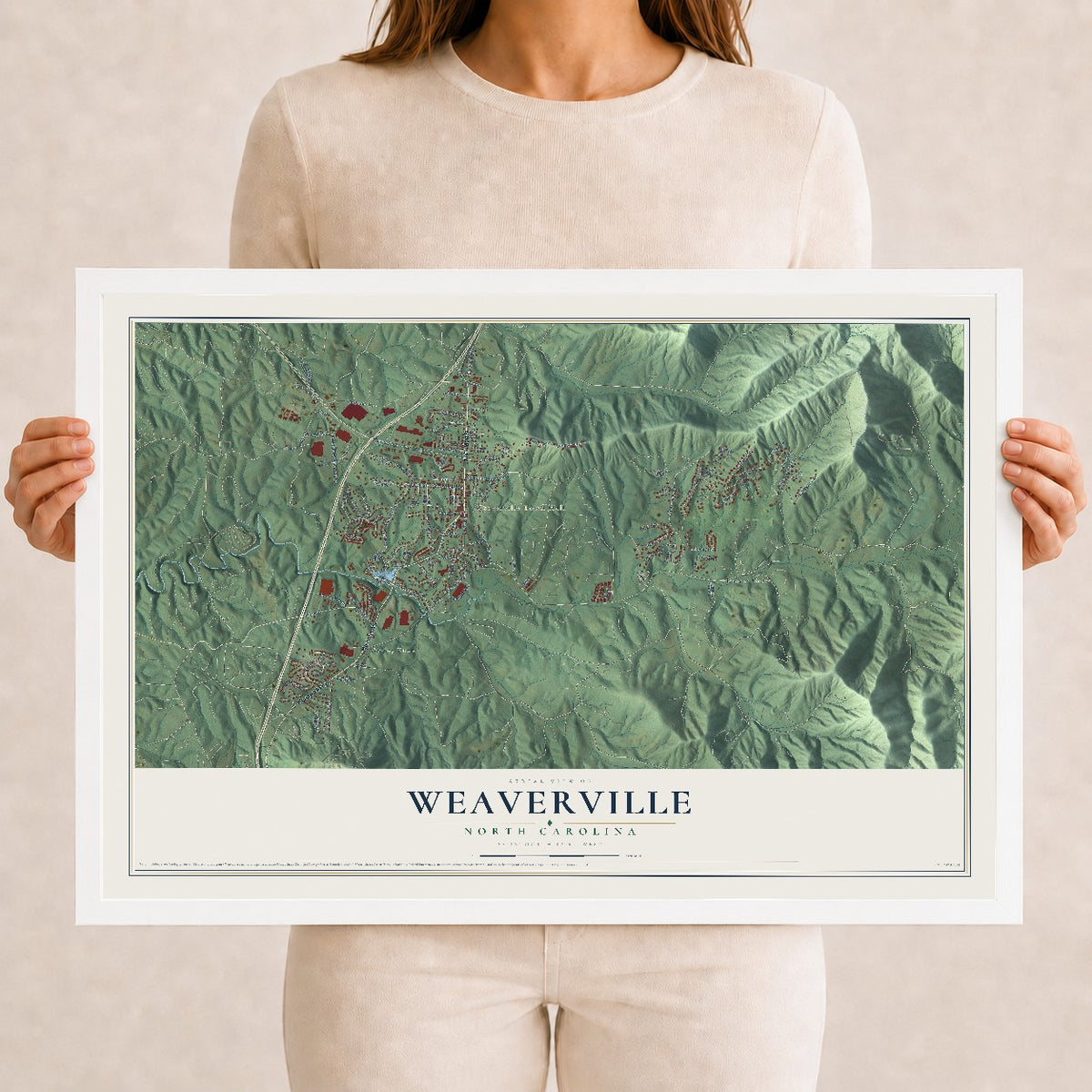 Map of Weaverville, North Carolina, 12 x 18 inch print in a white wood frame