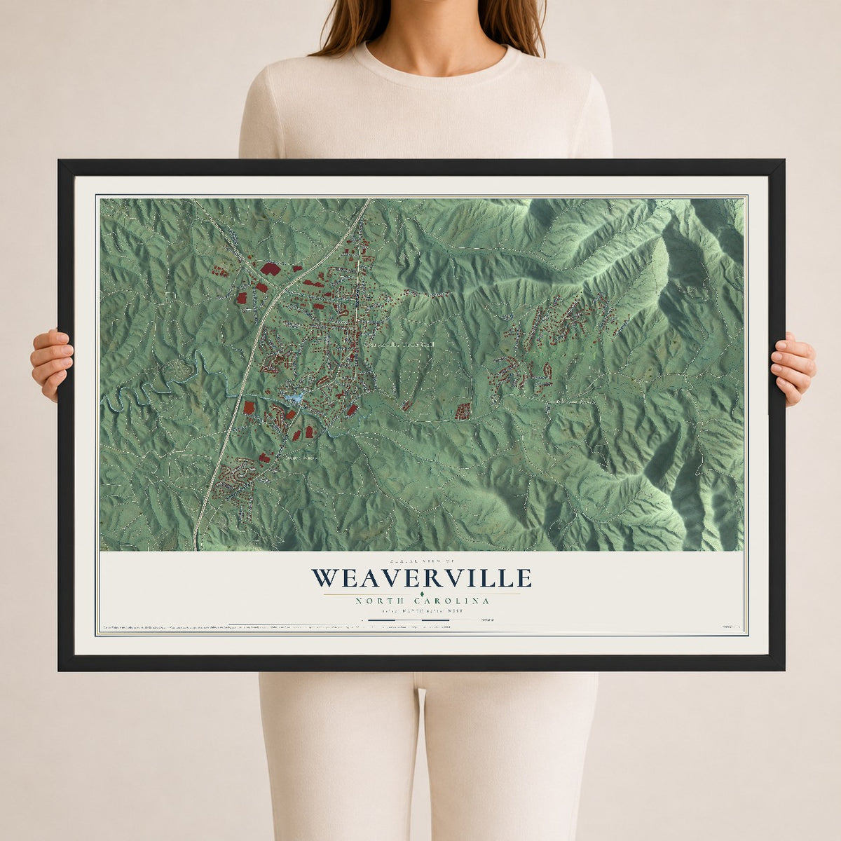 Map of Weaverville, North Carolina, 24 x 36 inch print in a black wood frame