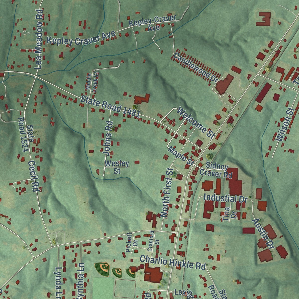 Close-up of the map of Welcome, North Carolina print showing street and building detail