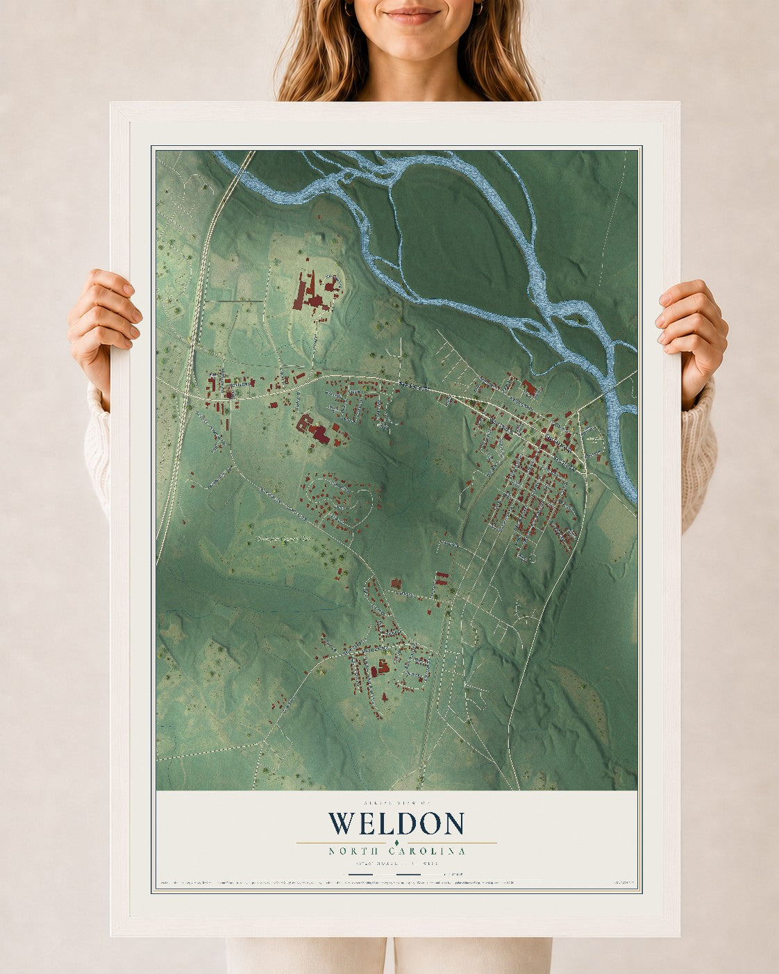 Map of Weldon, North Carolina, 24 x 36 inch print in a white wood frame