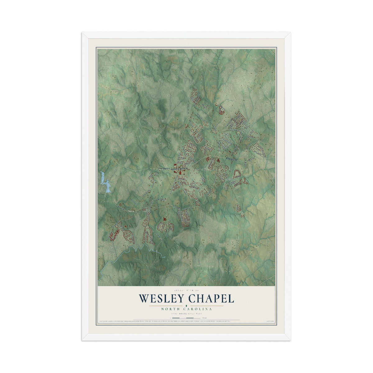 Map of Wesley Chapel, North Carolina, 12 x 18 inch print in a white wood frame