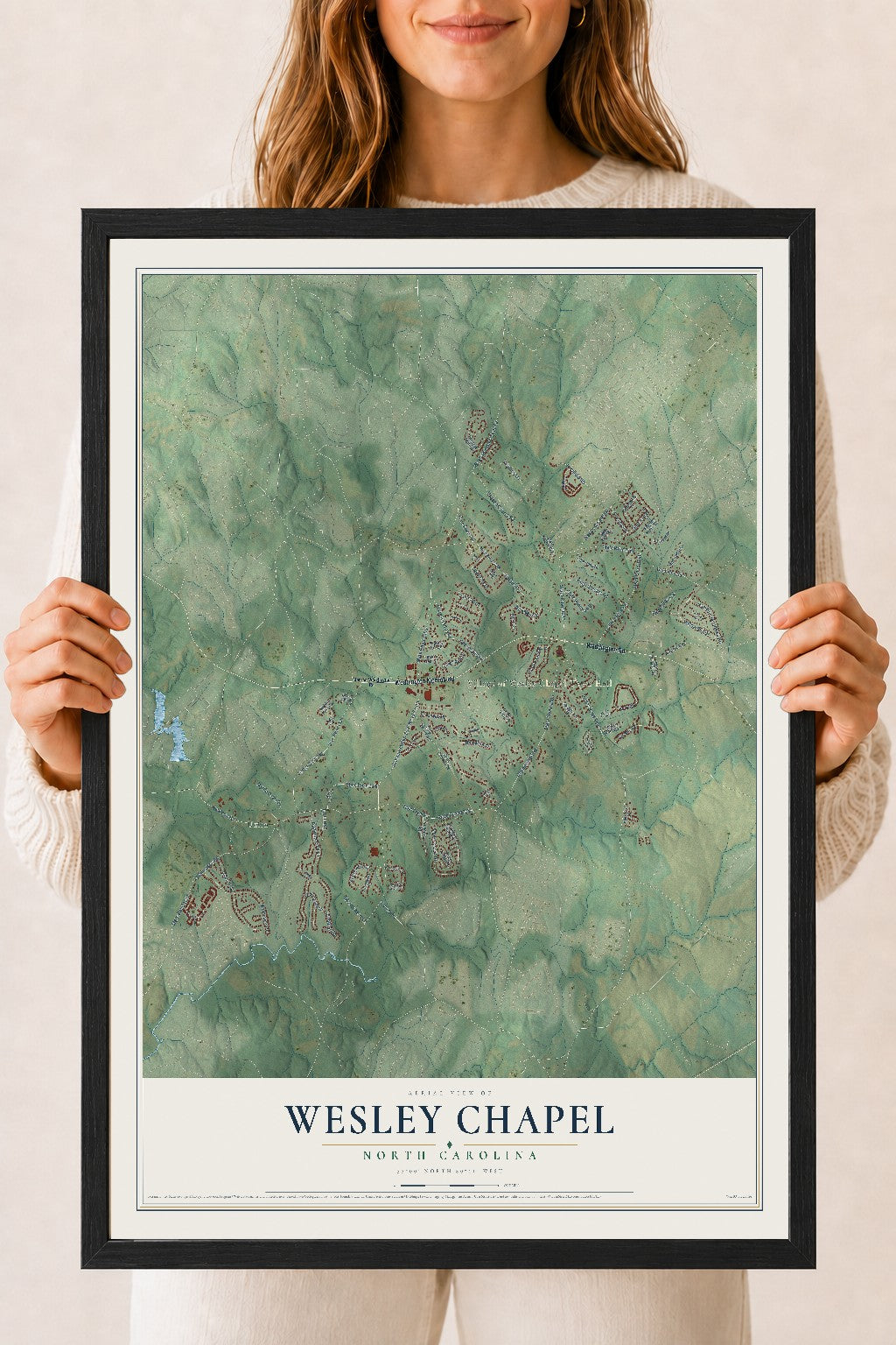 Map of Wesley Chapel, North Carolina, 18 x 24 inch print in a black wood frame