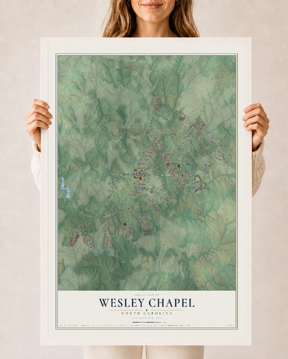 Map of Wesley Chapel, North Carolina, 24 x 36 inch print in a white wood frame