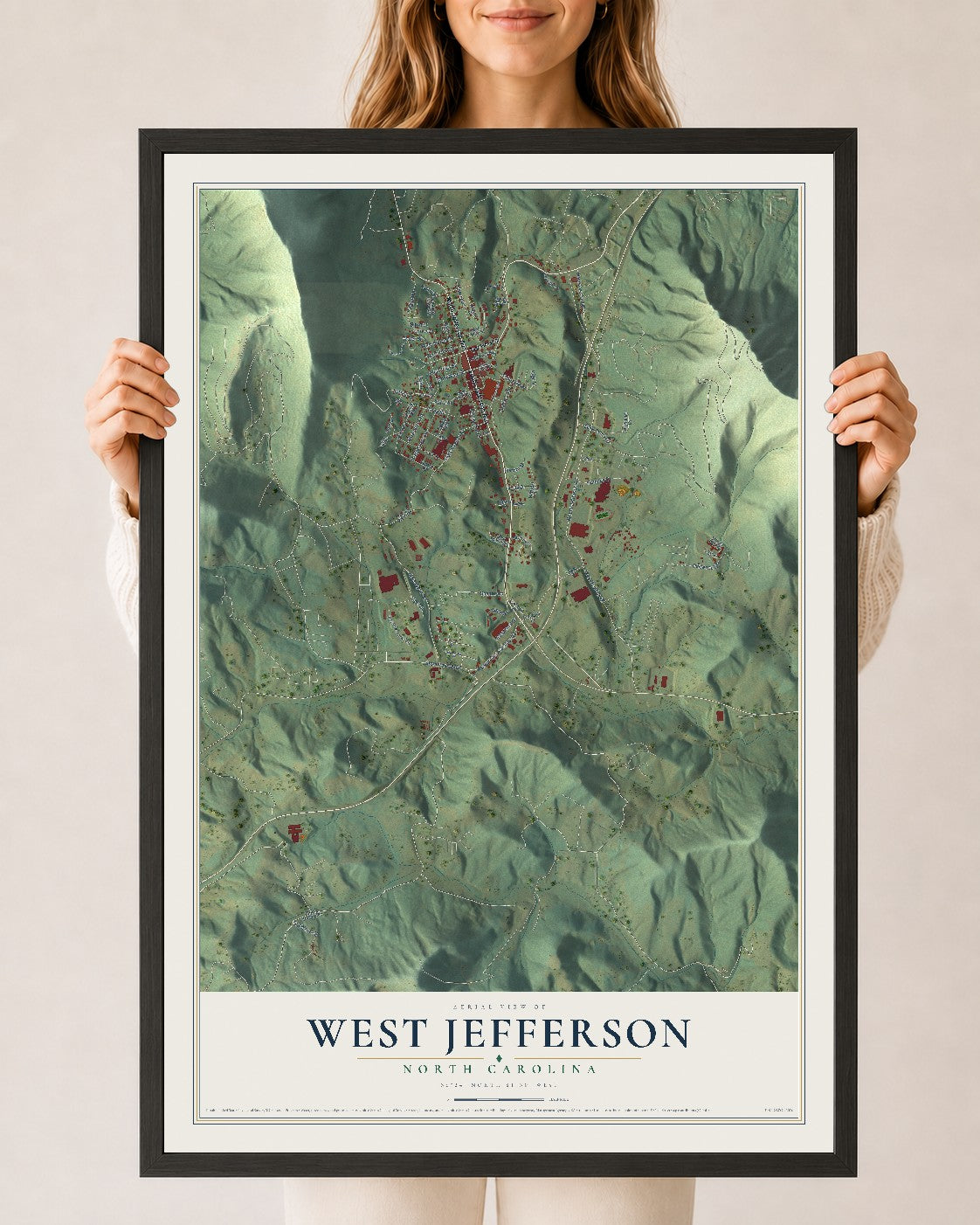 Map of West Jefferson, North Carolina, 24 x 36 inch print in a black wood frame