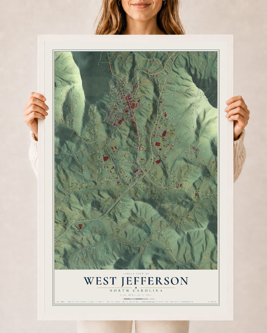 Map of West Jefferson, North Carolina, 24 x 36 inch print in a white wood frame