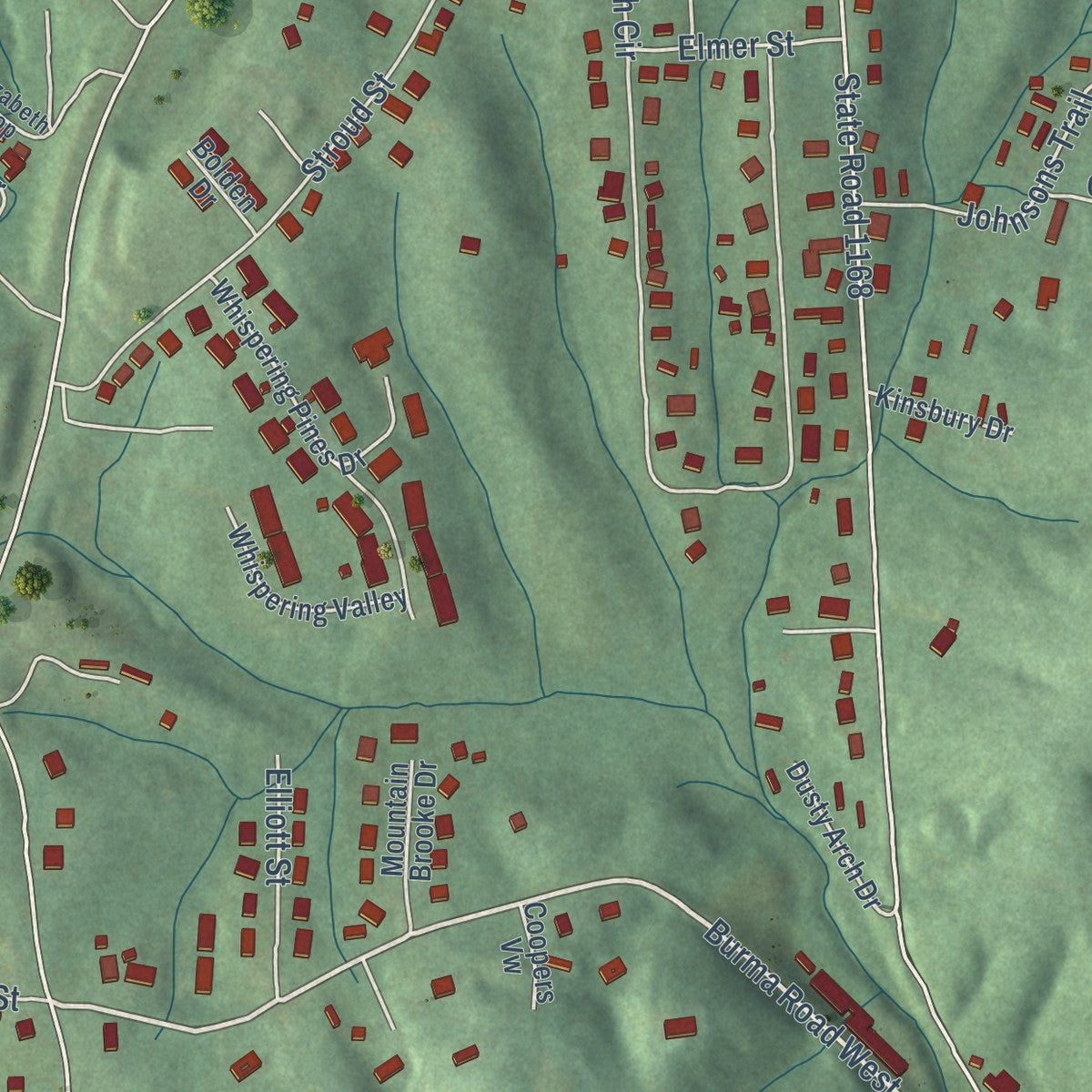 Close-up of the map of West Marion, North Carolina print showing street and building detail