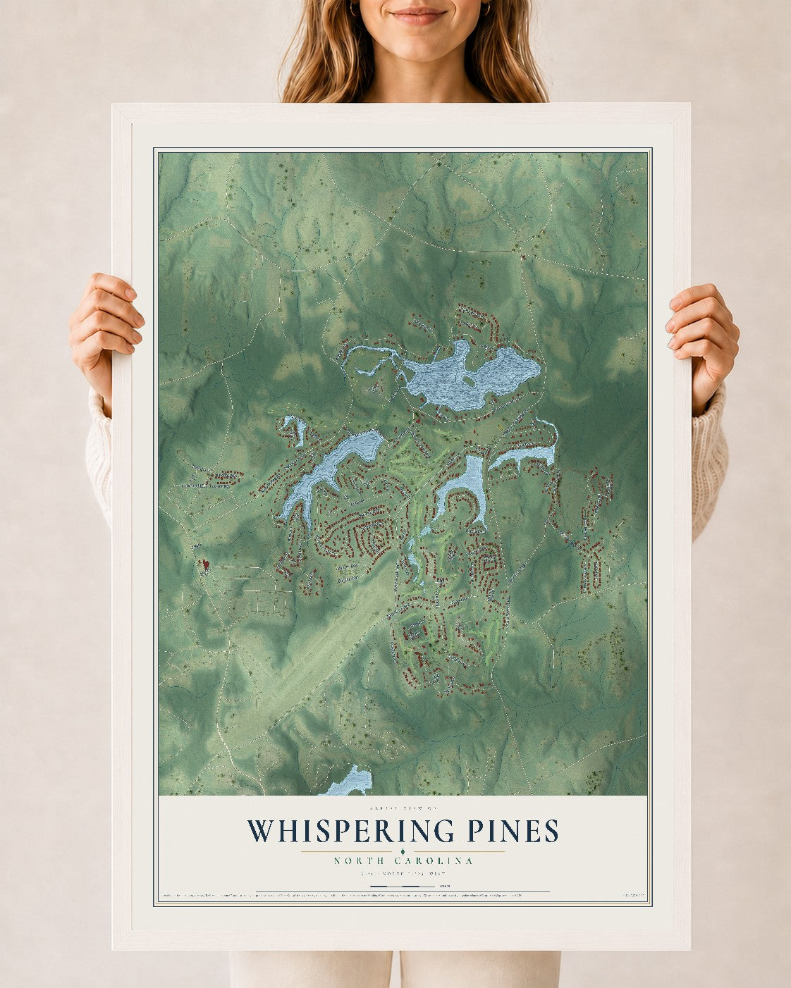 Map of Whispering Pines, North Carolina, 24 x 36 inch print in a white wood frame