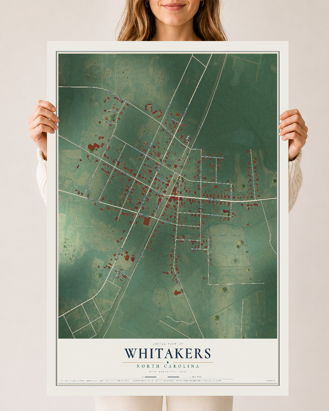Map of Whitakers, North Carolina, 24 x 36 inch unframed archival matte print