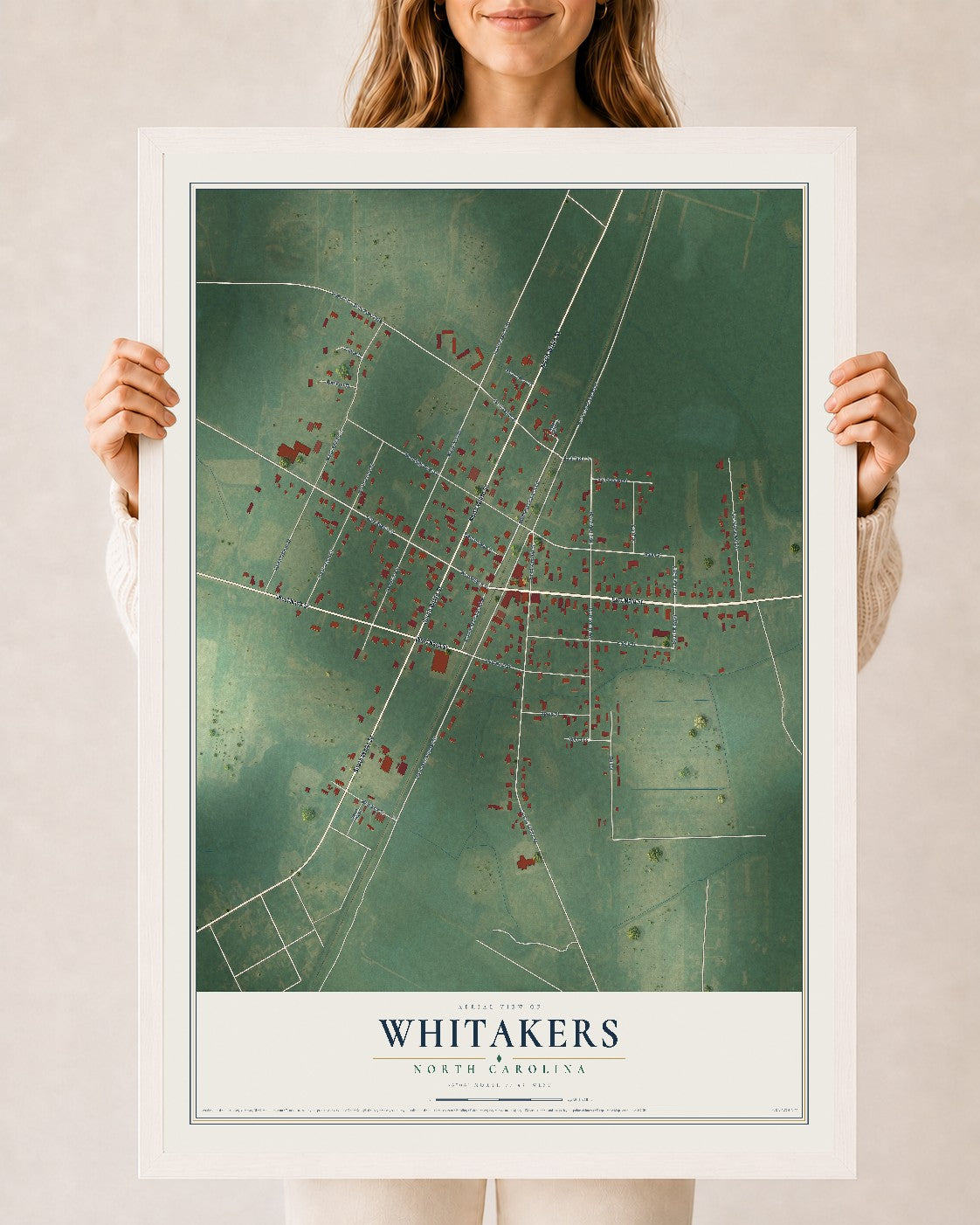 Map of Whitakers, North Carolina, 24 x 36 inch print in a white wood frame