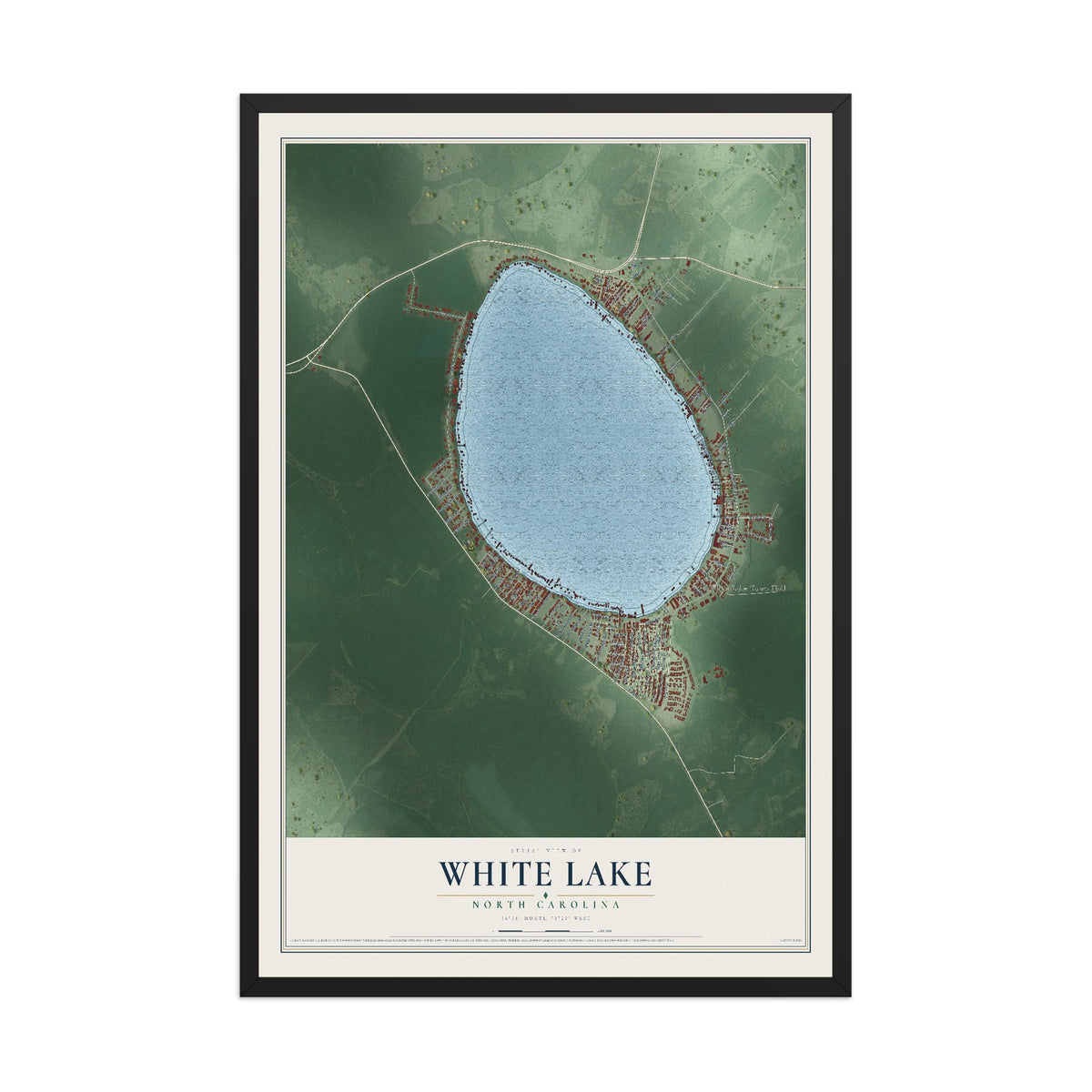 Map of White Lake, North Carolina, 12 x 18 inch print in a black wood frame