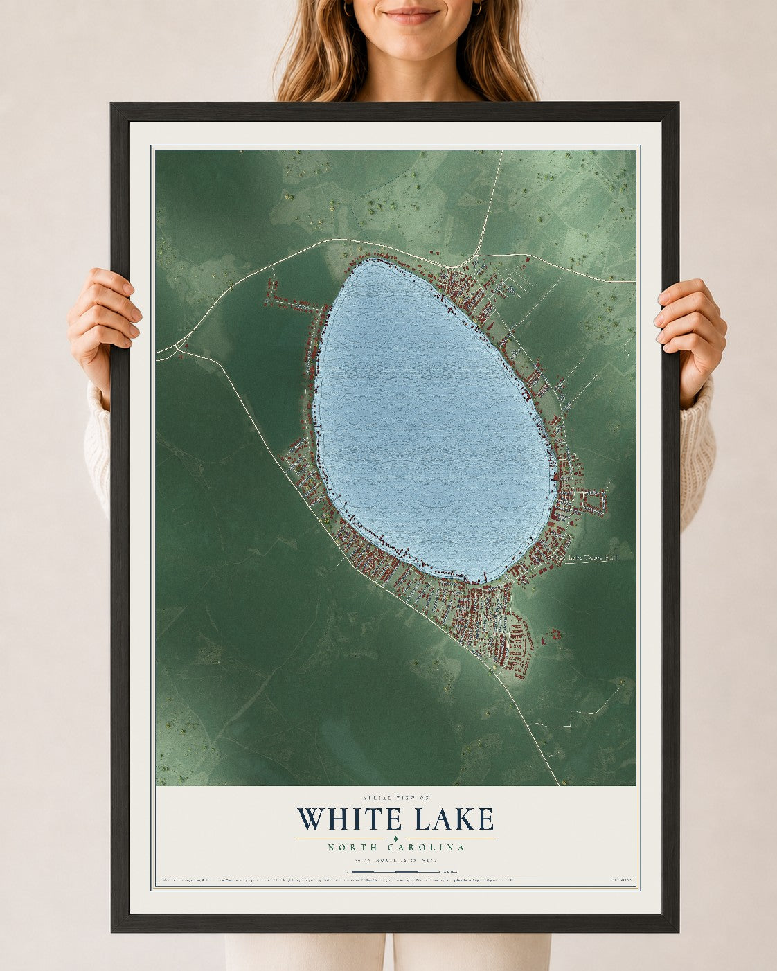 Map of White Lake, North Carolina, 24 x 36 inch print in a black wood frame