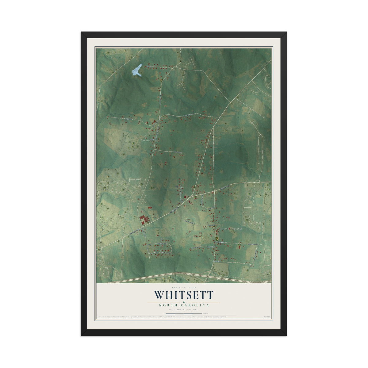 Map of Whitsett, North Carolina, 12 x 18 inch print in a black wood frame