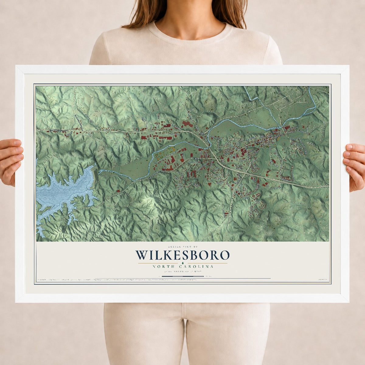 Map of Wilkesboro, North Carolina, 18 x 24 inch print in a white wood frame