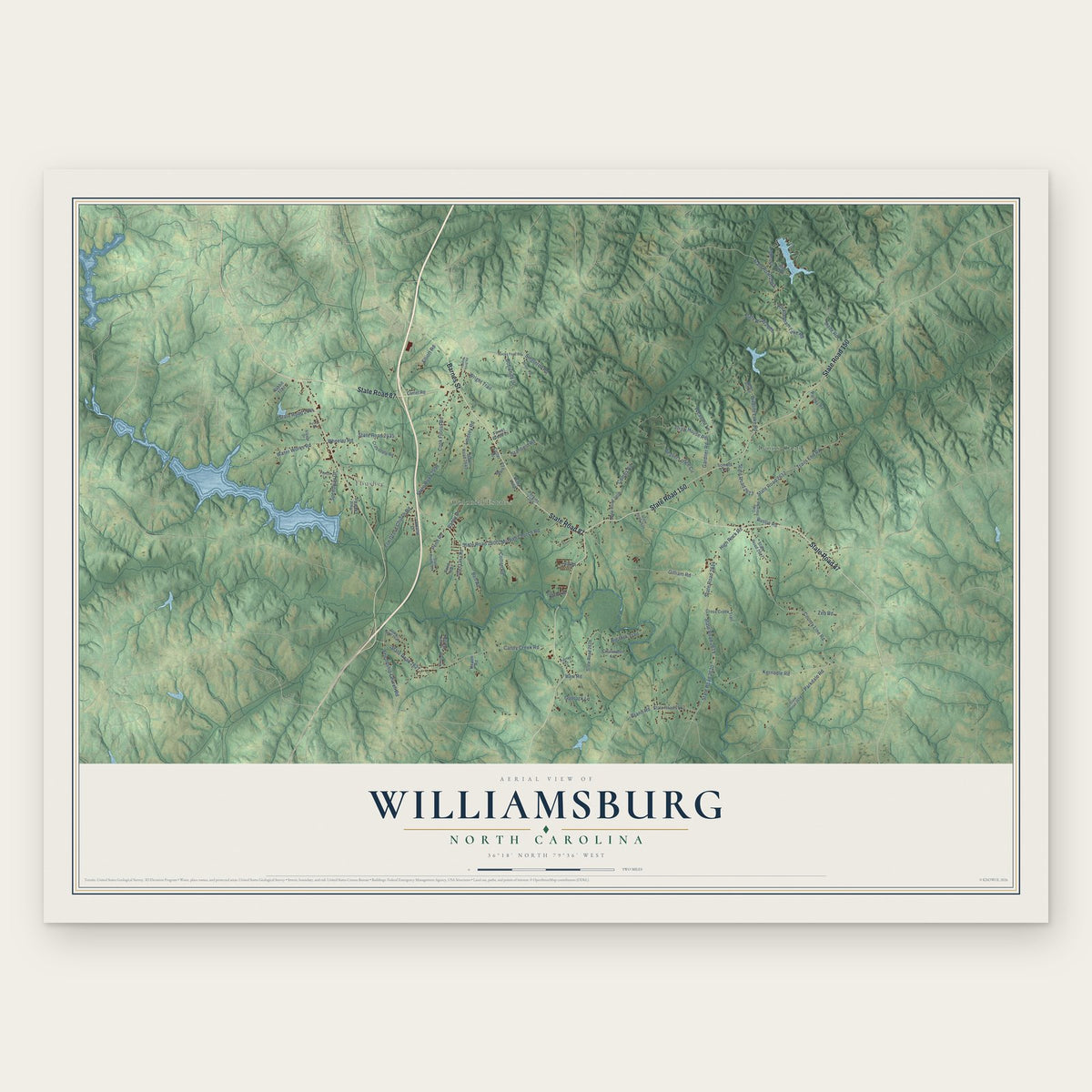 Williamsburg, North Carolina map print, the full design