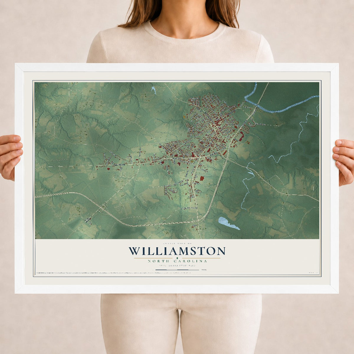 Map of Williamston, North Carolina, 18 x 24 inch print in a white wood frame