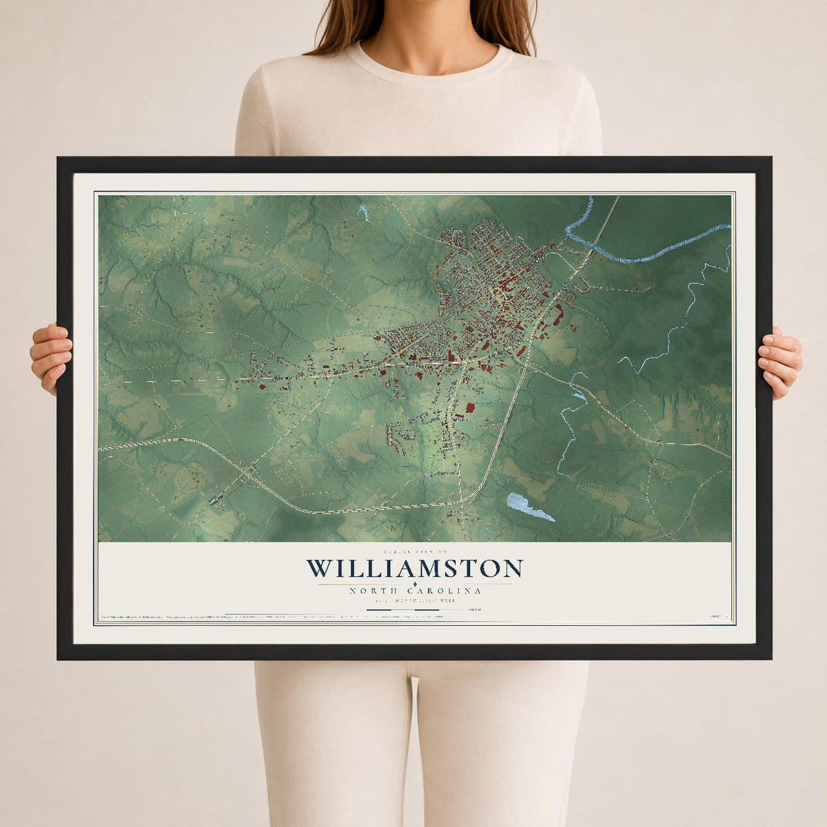Map of Williamston, North Carolina, 24 x 36 inch print in a black wood frame