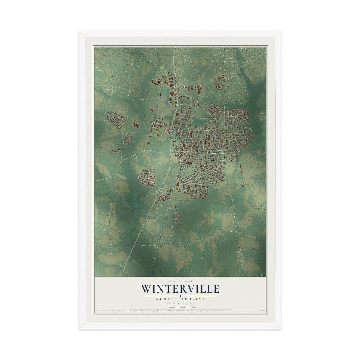 Map of Winterville, North Carolina, 12 x 18 inch print in a white wood frame