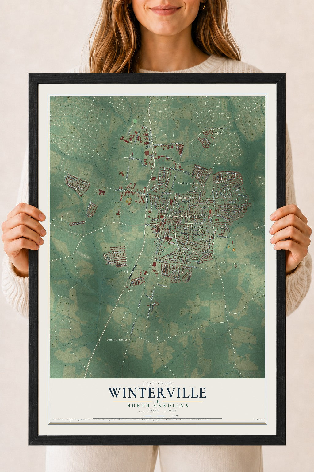 Map of Winterville, North Carolina, 18 x 24 inch print in a black wood frame