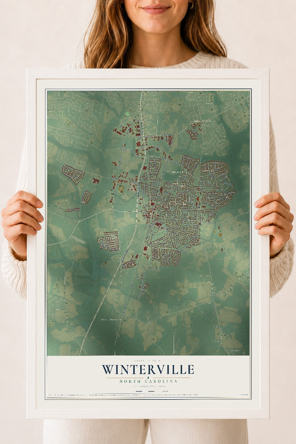 Map of Winterville, North Carolina, 18 x 24 inch print in a white wood frame