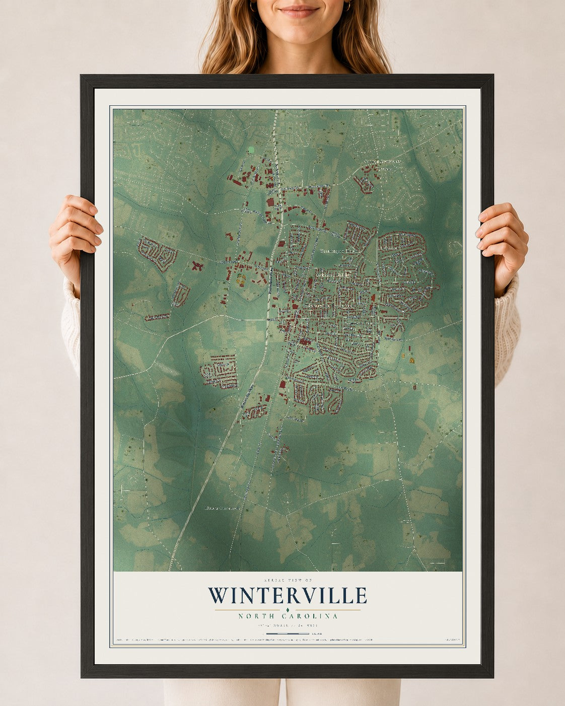 Map of Winterville, North Carolina, 24 x 36 inch print in a black wood frame