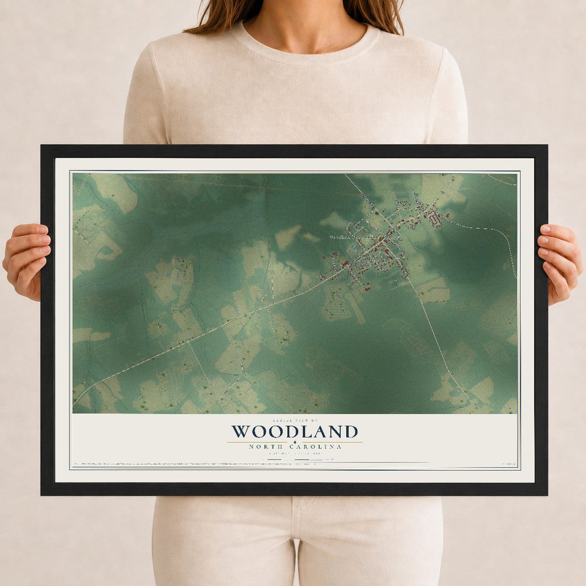 Map of Woodland, North Carolina, 12 x 18 inch print in a black wood frame