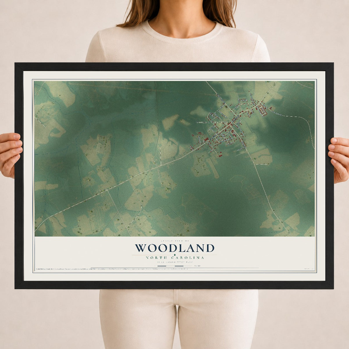 Map of Woodland, North Carolina, 18 x 24 inch print in a black wood frame
