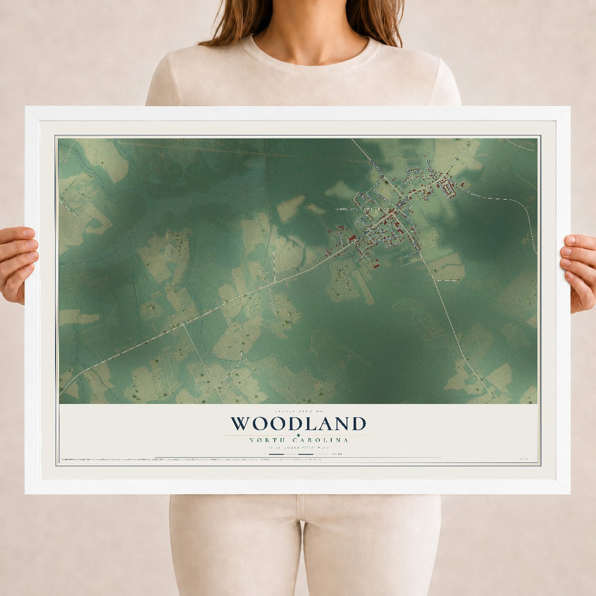 Map of Woodland, North Carolina, 18 x 24 inch print in a white wood frame