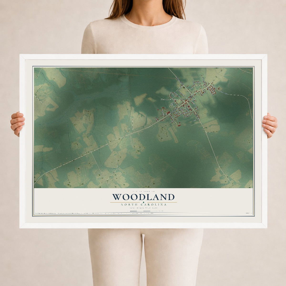 Map of Woodland, North Carolina, 24 x 36 inch print in a white wood frame