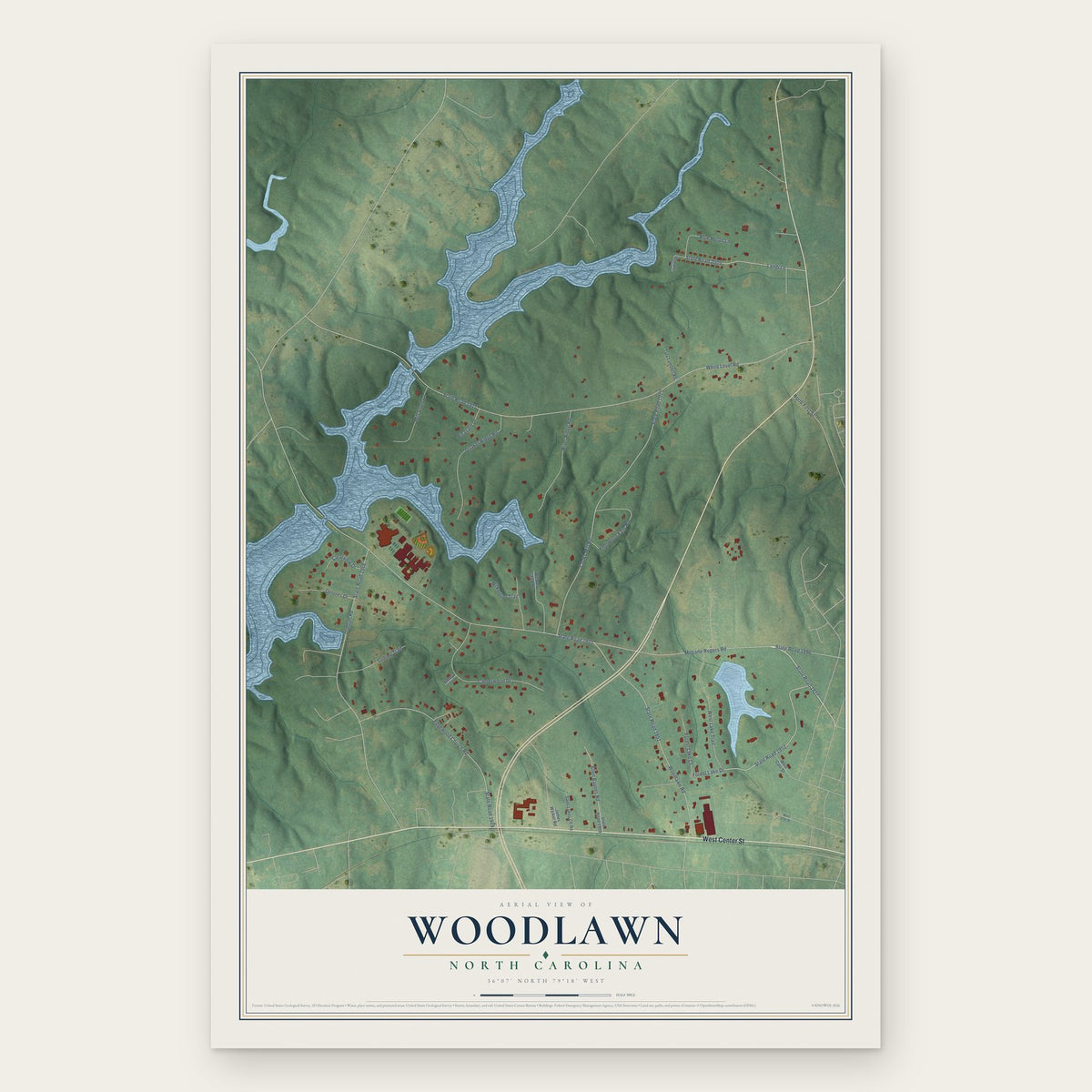 Woodlawn, North Carolina map print, the full design